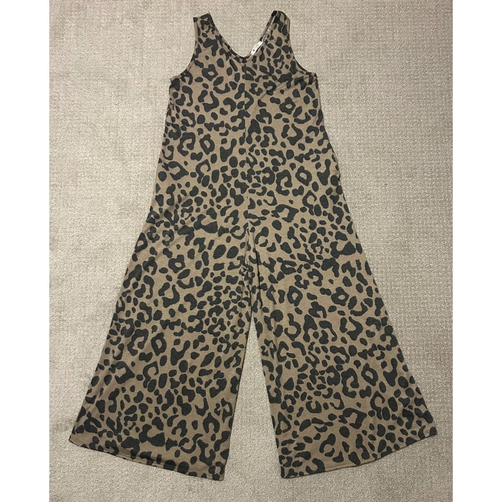 BOMBOM Leopard Print Wide Leg Jumpsuit Women's Large V Neck‎ Sleeveless Casual